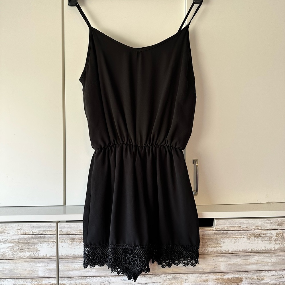Elegant Black Lace Trim Romper